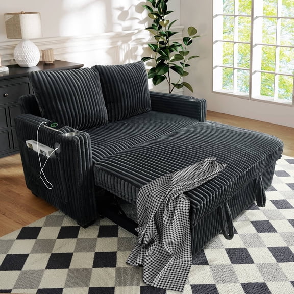 FFH 52.8" Pull Out Sofa Bed, Convertible Futon Sofa Bed, Corduroy Loveseat Sleeper Sofa Bed with Side Pockets, 5-Position Adjustable Backrest, Cup Holders, Dark Gray
