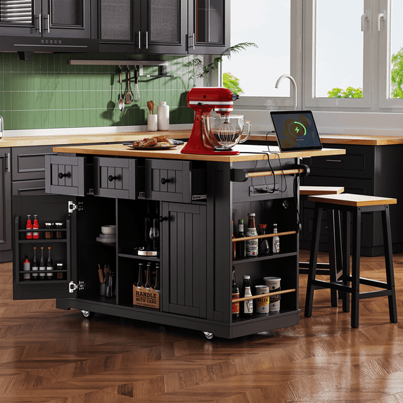 Lunale 53" Kitchen Island with Drop Leaf, Power Outlets, Rolling Kitchen Storage Cart with Drawers and Racks, Black (Not include chairs)