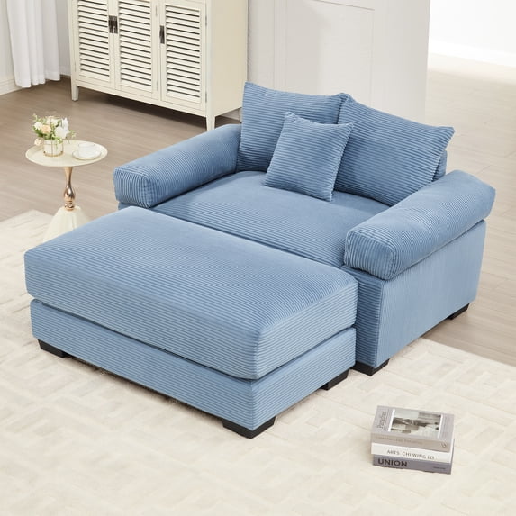FFH 54.3" Oversized Chair, Cloud Accent Chair with Ottoman for Living Room, Soft Corduroy Armchair, Blue