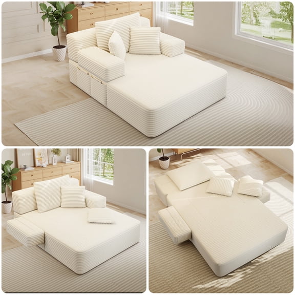 FFH 60" Chaise Lounge Chair Indoor, Convertible Sleeper Sofa Bed with Storage Pockets, Plush Corduroy Floor Lazy Sofa, Frameless Design, Beige