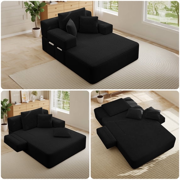 FFH 60" Chaise Lounge Chair Indoor, Convertible Sleeper Sofa Bed with Storage Pockets, Plush Corduroy Floor Lazy Sofa, Frameless Design, Black