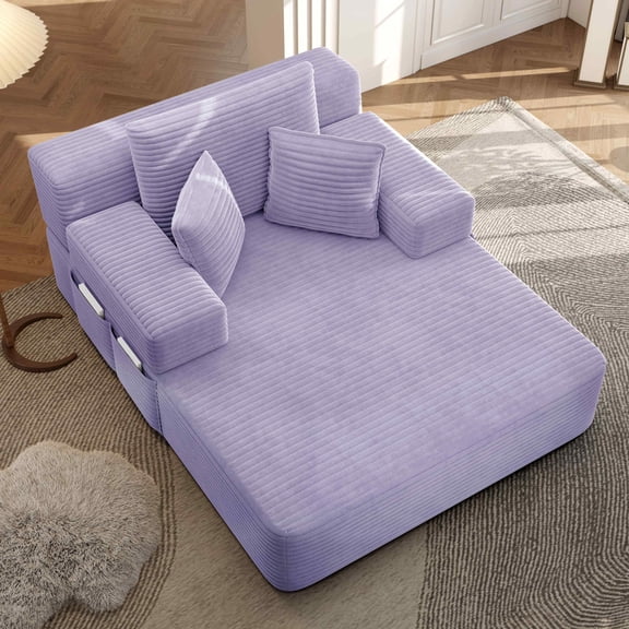 FFH 60" Chaise Lounge Chair Indoor, Convertible Sleeper Sofa Bed with Storage Pockets, Plush Corduroy Floor Lazy Sofa, Frameless Design, Purple