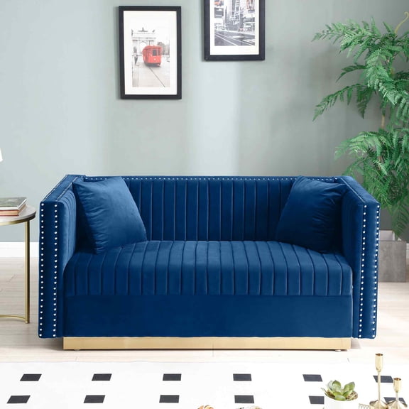 FFH 61.4" Velvet Loveseat Sofa, 2-Seater Comfy Sofa with Nailhead Trimming and 2 Pillows, Upholstered Lounge Couch Mid Century Modern Couch for Living Room, Blue