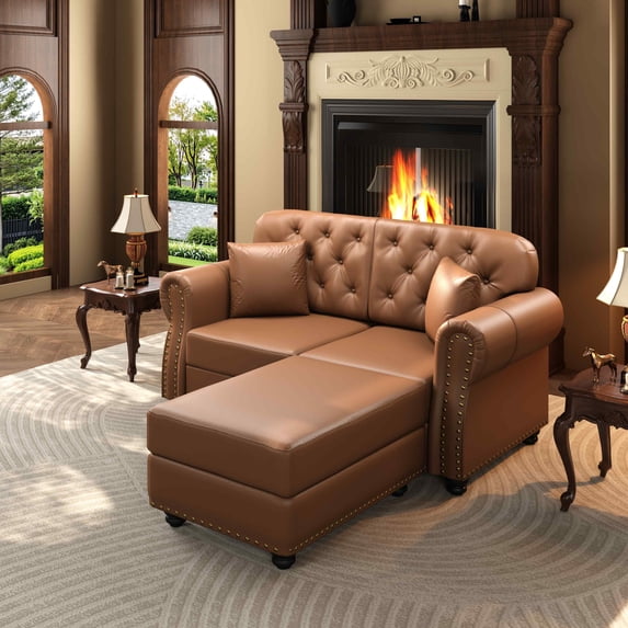 FFH 63" Faux Leather Couch with Ottoman, Chesterfield 2 Seater Sofa for Small Spaces, Brown