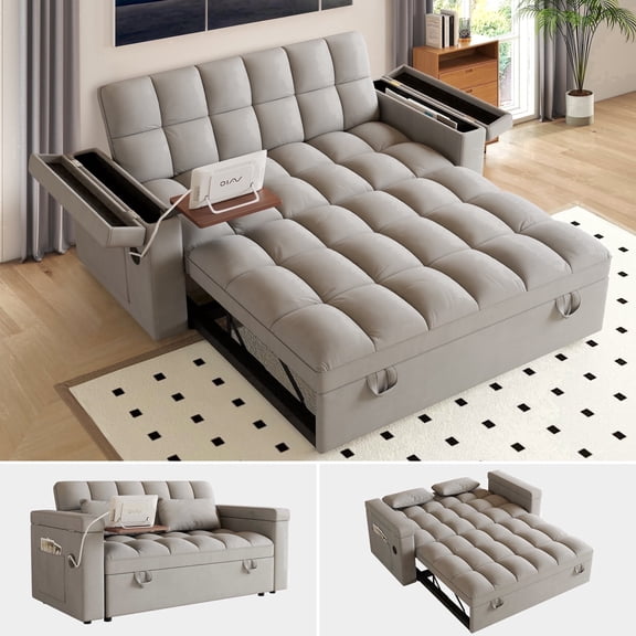 FFH 65" 3-in-1 Convertible Futon Sofa Bed, Velvet Sleeper Sofa with Pull Out Bed, 5-Level Adjustable Backrest, USB Ports, Table Board and Storage, Light Gray