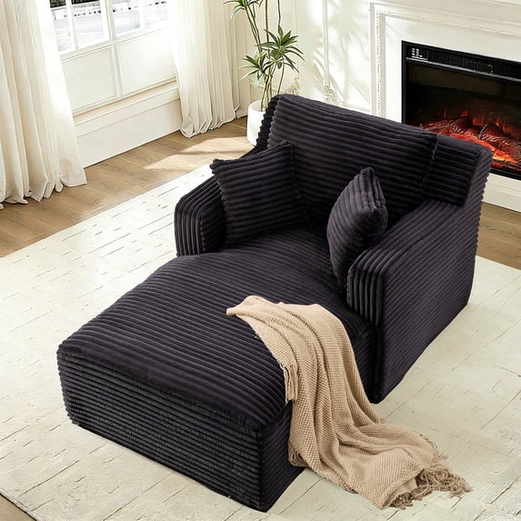 FFH 65.4" Chaise Lounge Indoor, Modern Corduroy Fabric Indoor Lounge Chair, Sleeper Sofa for Living Room, Small Space, Black