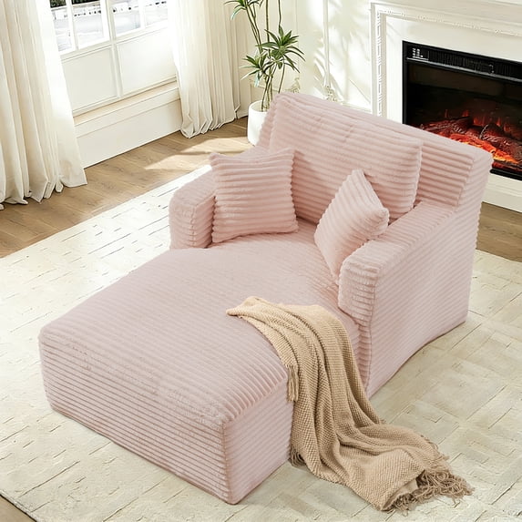 FFH 65.4" Chaise Lounge Indoor, Modern Corduroy Fabric Indoor Lounge Chair, Sleeper Sofa for Living Room, Small Space, Pink