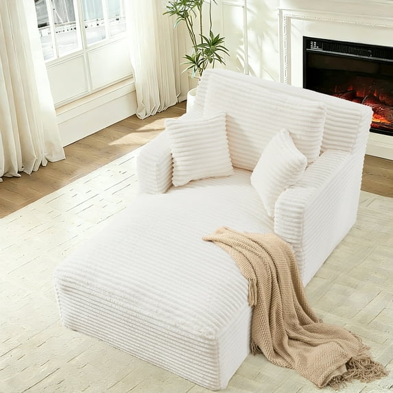 FFH 65.4" Chaise Lounge Indoor, Modern Corduroy Fabric Indoor Lounge Chair, Sleeper Sofa for Living Room, Small Space, White