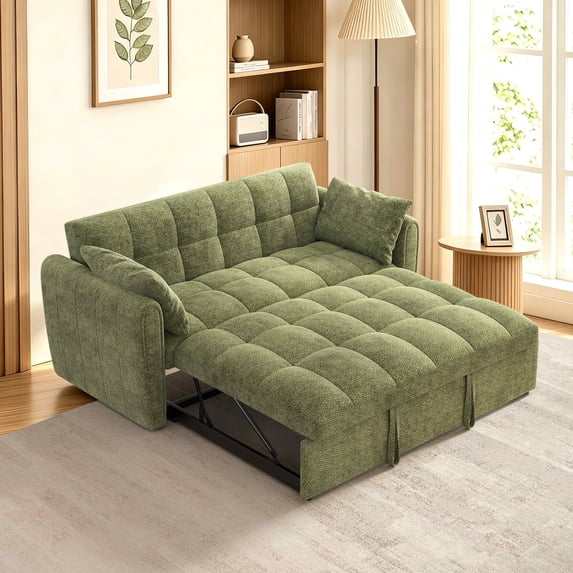 FFH 65" Futon Couch, 3-in-1 Pull Out Sofa Bed, Velvet Loveseat Sleeper with Adjustable Backrest for Living Room, Green