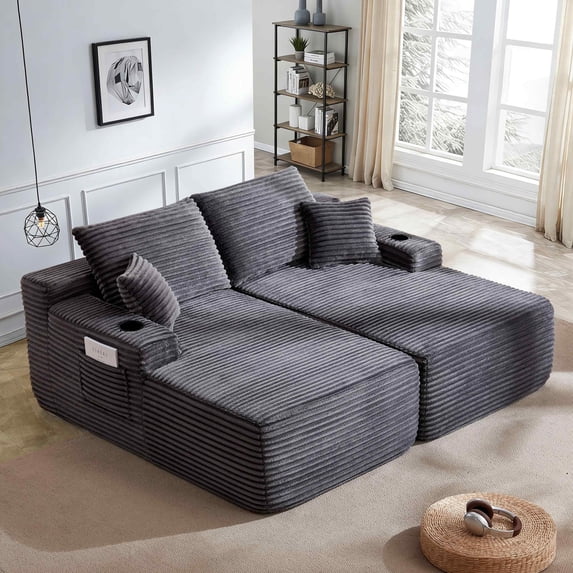 FFH 69"W Oversized Double Chaise Lounge Chair Indoor, Plush Corduroy Boneless Sleeper Sofa Deep Seat Cloud Sectional Couch for Living Room, Gray