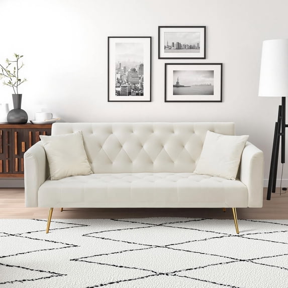 FFH 71" Velvet Futon, Convertible Sleeper Sofa Bed with 3-Position Adjustable Backrest, Twin-Size Sleeper Sofa with Throw Pillows, Beige