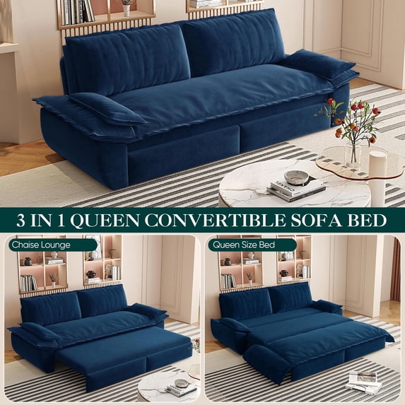 FFH 73.2" Queen Sleeper Sofa, 3 in 1 Convertible Sofa Bed, Velvet Loveseat with Pull Out Bed, Blue