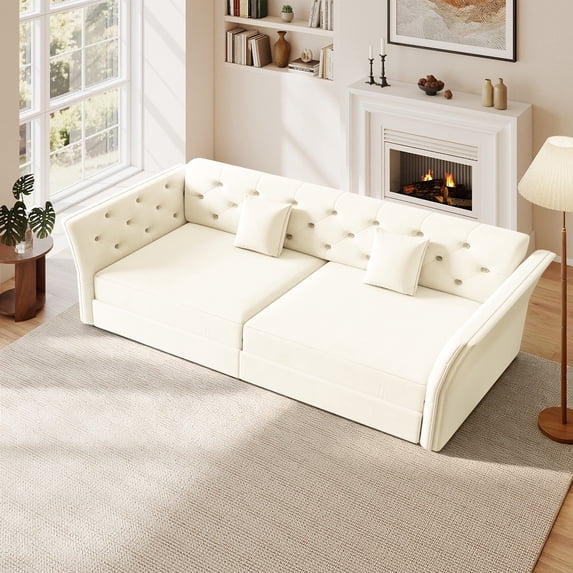 FFH 74.4" Sofa Bed Queen Pull Out, Convertible Sleeper Sofa with Flower Tufted Design, Velvet 3 Seater Couch for Living Room, Beige
