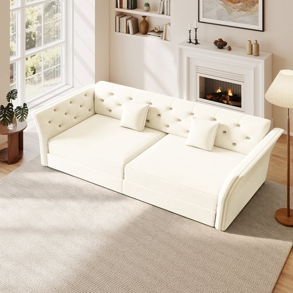 FFH 74.4" Sofa Bed Queen Pull Out, Convertible Sleeper Sofa with Flower Tufted Design, Velvet 3 Seater Couch for Living Room, Beige