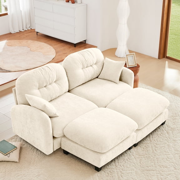 FFH 74" Loveseat with Ottoman, Comfy Cloud Couch, Chenille Sleeper Sofa, Tufted Deep Seat Sofa with Throw Pillows, Modern Modular Sectional Sofa for Living Room, Beige