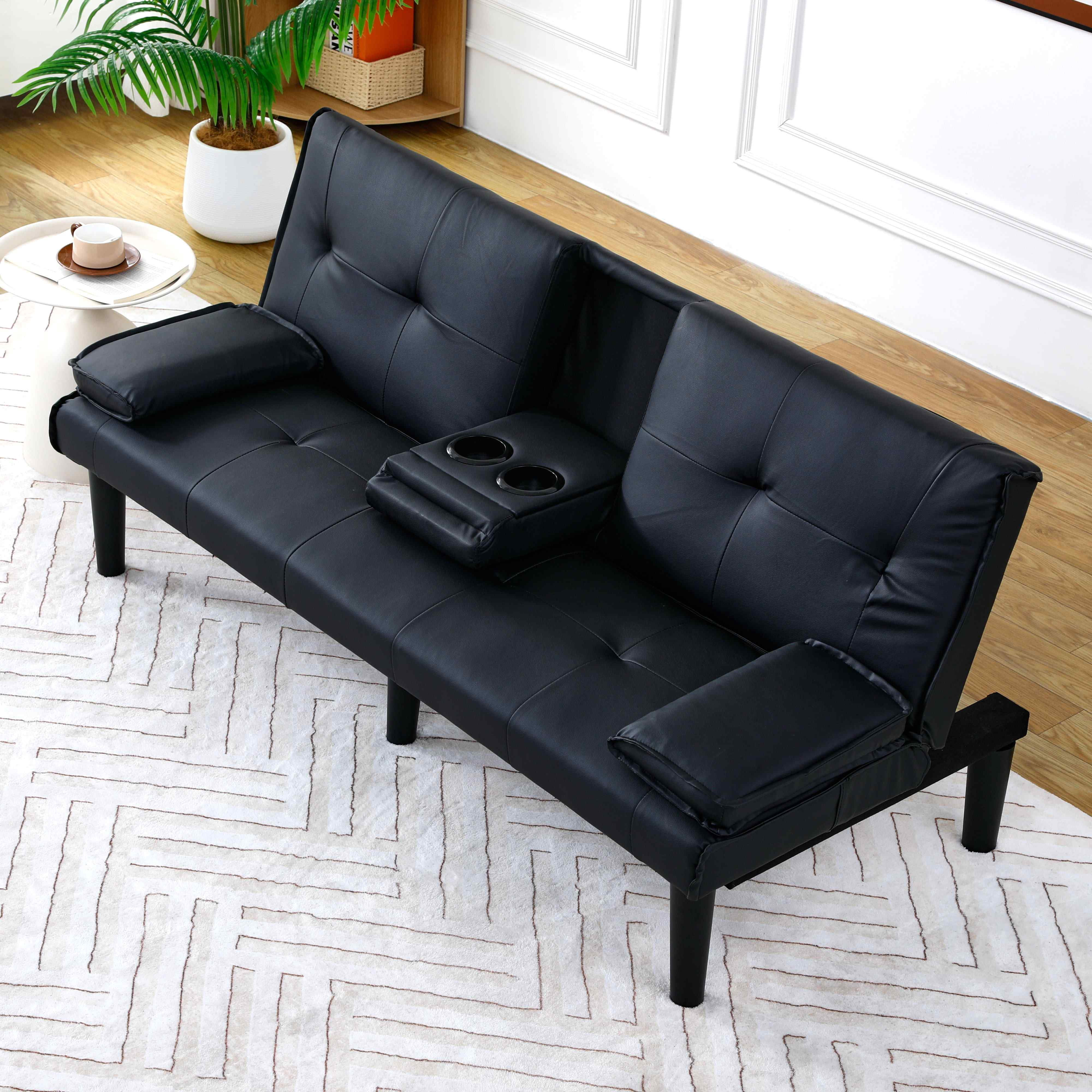 FFH 67" Futon Sofa Bed Loveseat Sleeper with Cup Holders, Folding PVC Couch for Living Room, Black