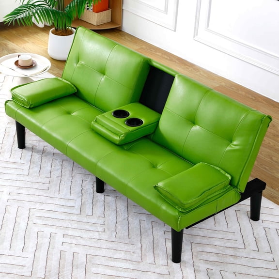 FFH 67" Futon Sofa Bed Loveseat Sleeper with Cup Holders, Folding PVC Couch for Living Room, Green