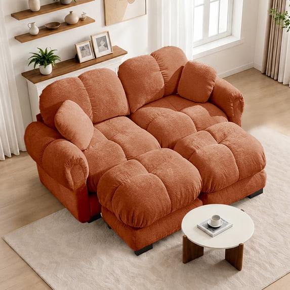 FFH 76.3" Cloud Loveseat, Modular Sectional Sofa with Movable Ottomans, Chenille Couch for Living Room, Orange