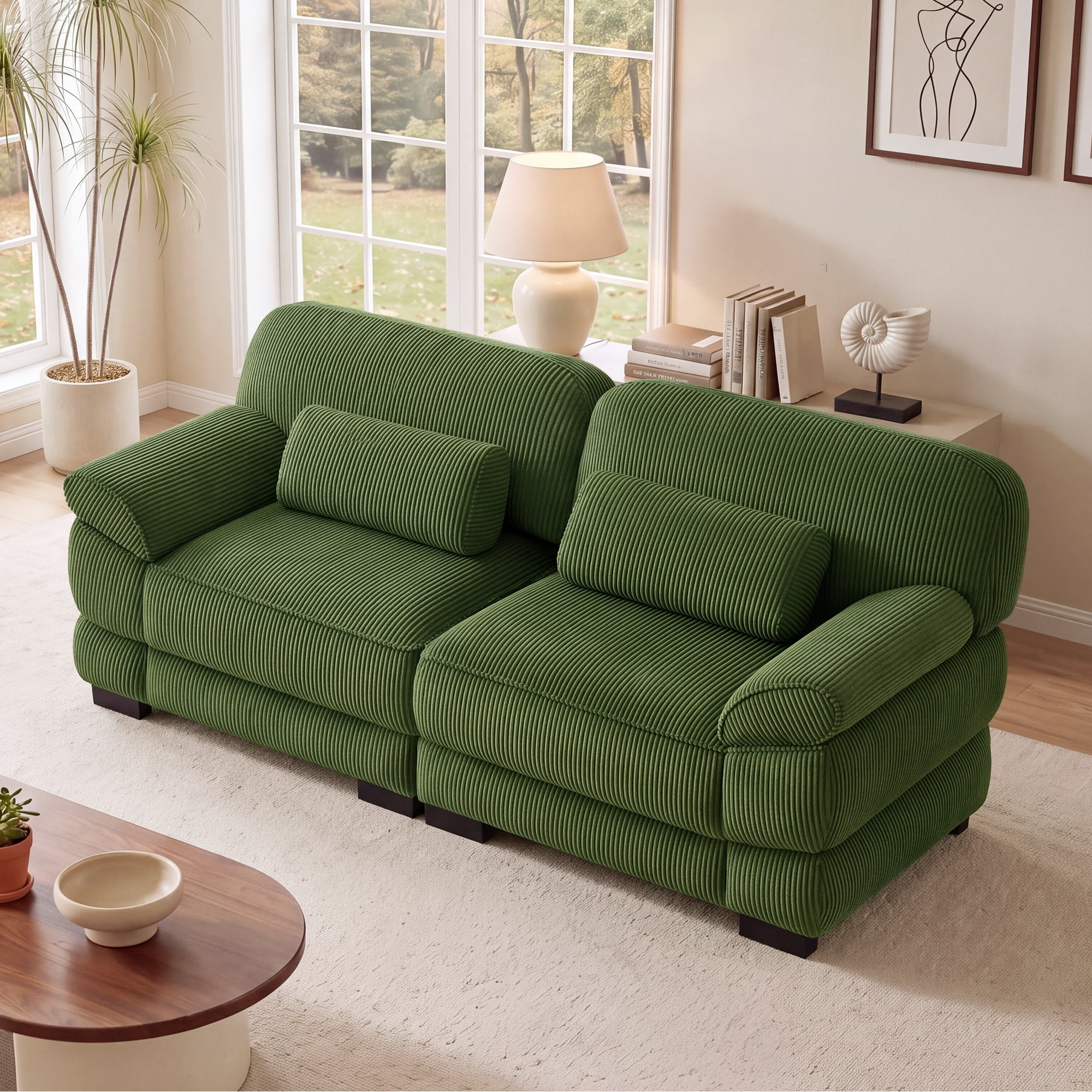 FFH 76.4" Modular Sectional Cloud Couch, Modern Corduroy Loveseat, 2 Seater Sofa for Living Room, Green