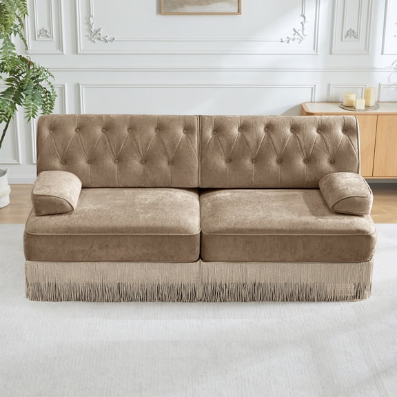FFH 76.6" Velvet Couch 2 Seater Chesterfield Sofa for Living Room, Button Tufted Design, Floor-grazing Tassel Fringe Skirt, Camel