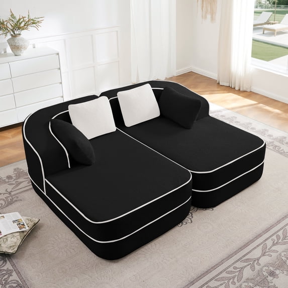 FFH 77.2" Sectional Sofa, Convertible Double Chaise, Boneless Cloud Couch for Living Room, Black