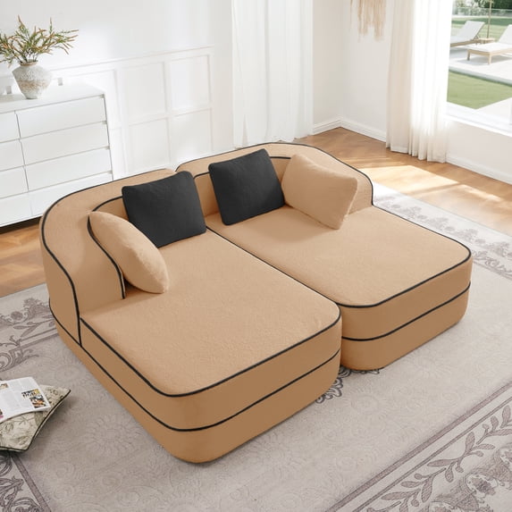 FFH 77.2" Sectional Sofa, Convertible Double Chaise, Boneless Cloud Couch for Living Room, Camel