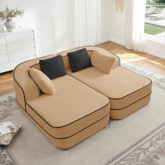 FFH 77.2" Sectional Sofa, Convertible Double Chaise, Boneless Cloud Couch for Living Room, Camel