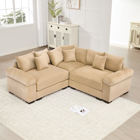 FFH 79.1" Oversized Cloud Sectional Couch, Convertible L Shaped Sleeper Sofa, 3 Seater Corduroy Living Room Chaise Sofa, Camel