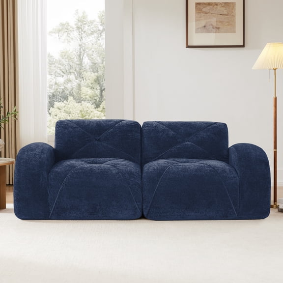 FFH 80" Boneless Loveseat Sofa, Velvet 2-Seater Sectional Sofa Cloud Couch for Living Room, Blue