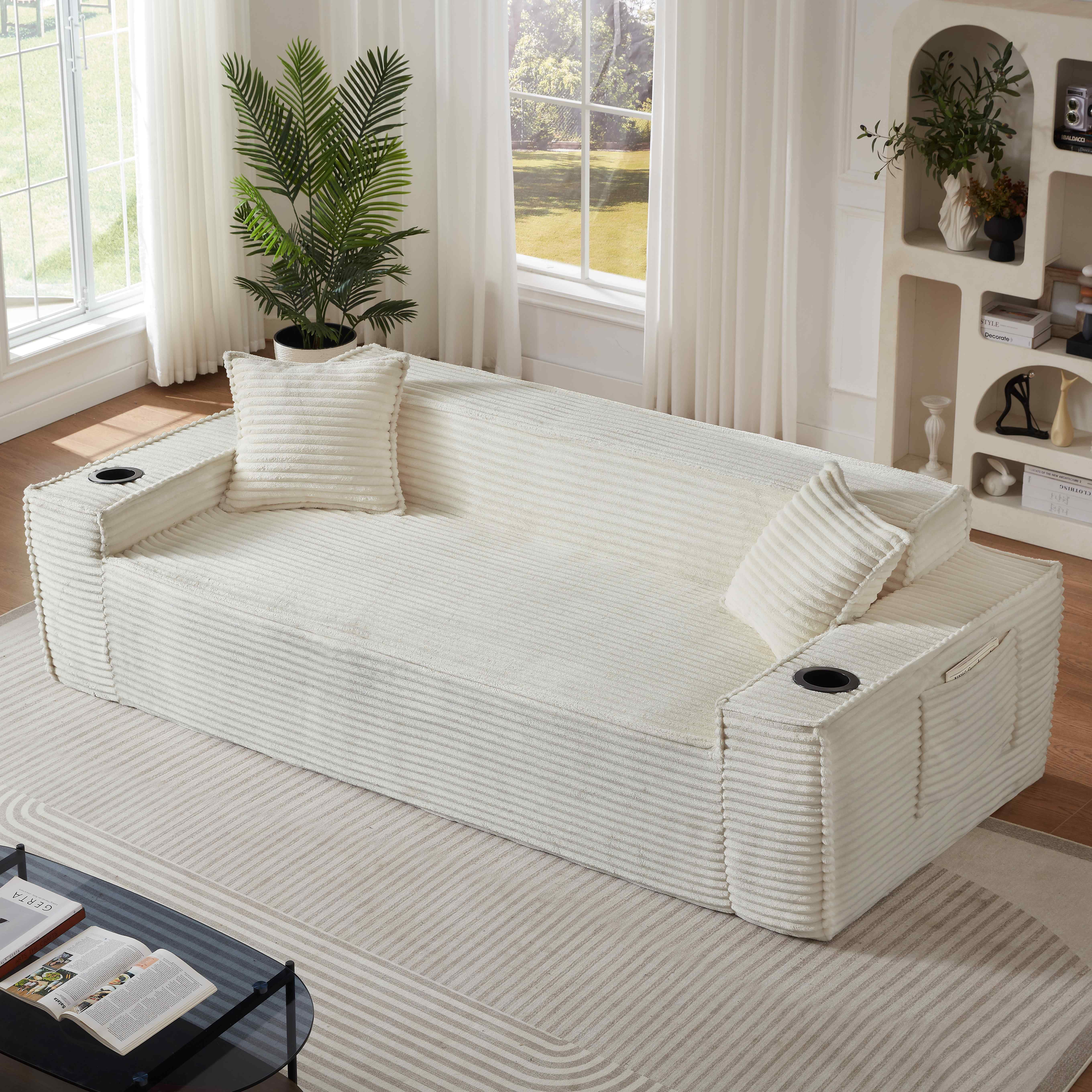 FFH 80.7" Corduroy Sofa, 3 Seater Boneless Cloud Couch for Small Living Rooms, Apartments and Offices, White