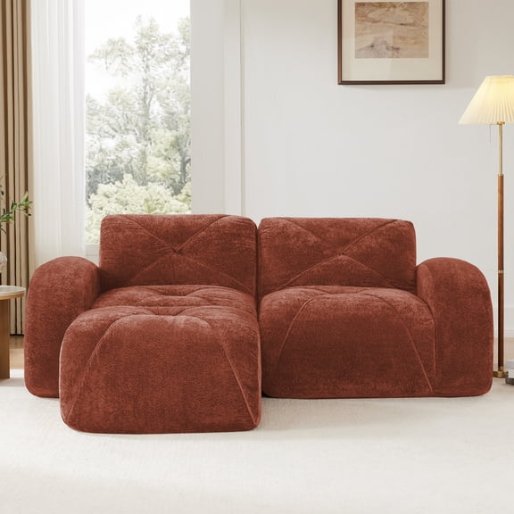 FFH 80" Loveseat with Ottoman, Velvet Cloud Sectional Couch for Living Room, Red