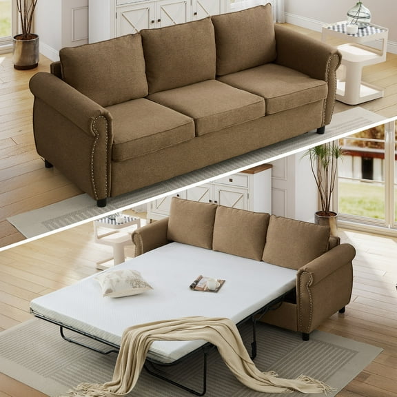 FFH 81.5" Convertible Sofa Bed, 2-in-1 Queen Sleeper Sofa, 3 Seater Pull Out Sofa Bed with 3.35 inch Memory Foam Mattress, Brown