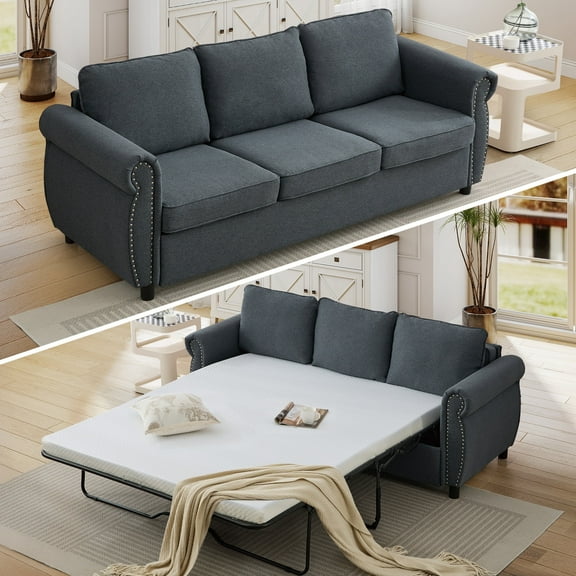 FFH 81.5" Convertible Sofa Bed, 2-in-1 Queen Sleeper Sofa, 3 Seater Pull Out Sofa Bed with 3.35 inch Memory Foam Mattress, Dark Gray