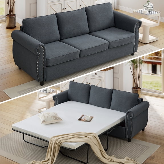FFH 81.5" Convertible Sofa Bed, 2-in-1 Queen Sleeper Sofa, 3 Seater Pull Out Sofa Bed with 3.35 inch Memory Foam Mattress, Dark Gray
