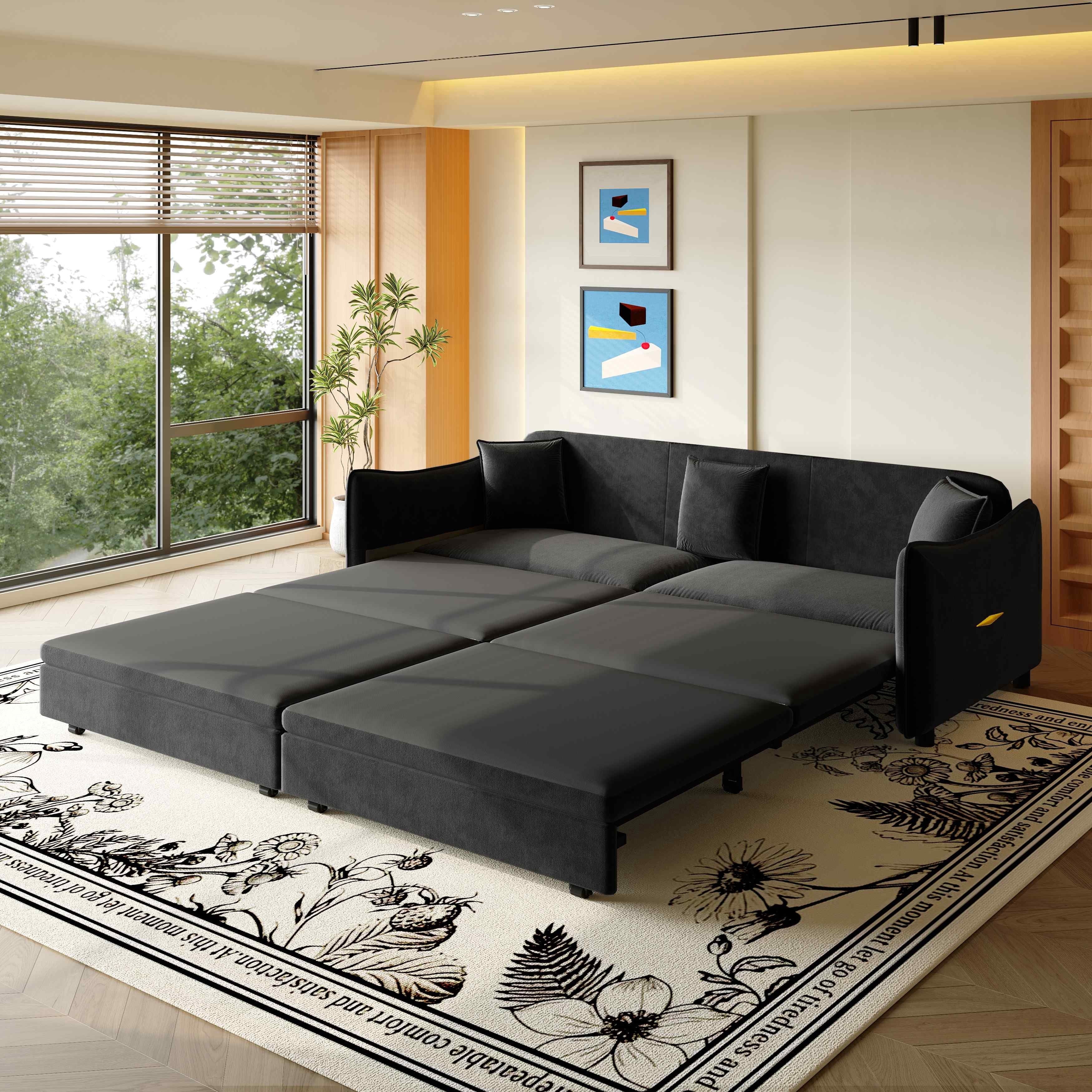 FFH 81.9" Sofa Bed King, 3 in 1 Convertible Sleeper Sofa, Pull Out Sofa Bed with 3 Pillows, Modern Velvet 3-Seater Couch for Living Room, Black