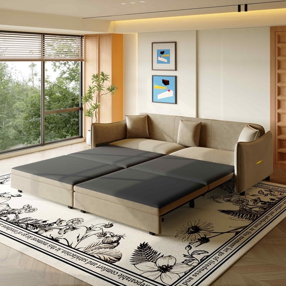 FFH 81.9" Sofa Bed King, 3 in 1 Convertible Sleeper Sofa, Pull Out Sofa Bed with 3 Pillows, Modern Velvet 3-Seater Couch for Living Room, Camel
