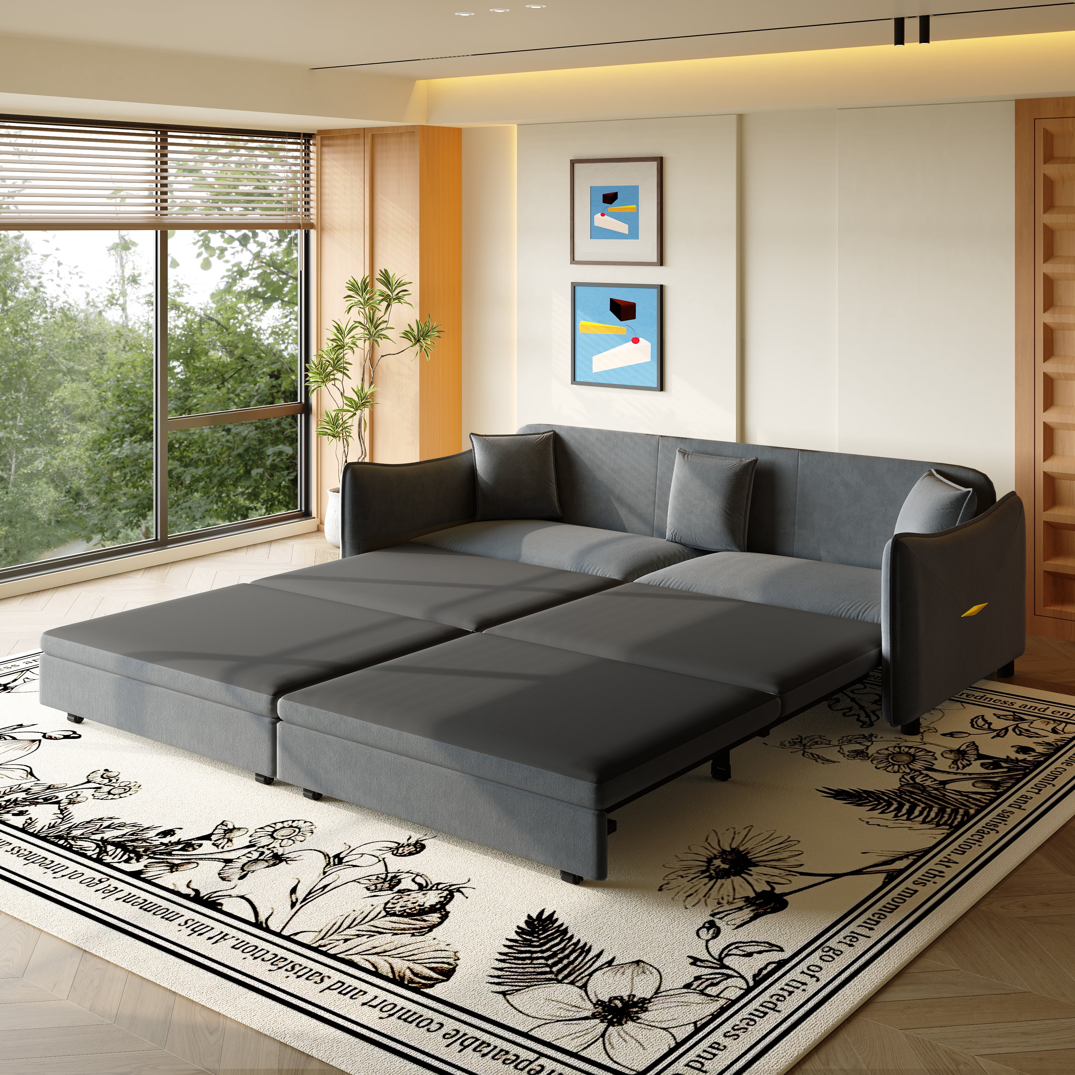 FFH 81.9" Sofa Bed King, 3 in 1 Convertible Sleeper Sofa, Pull Out Sofa Bed with 3 Pillows, Modern Velvet 3-Seater Couch for Living Room, Gray