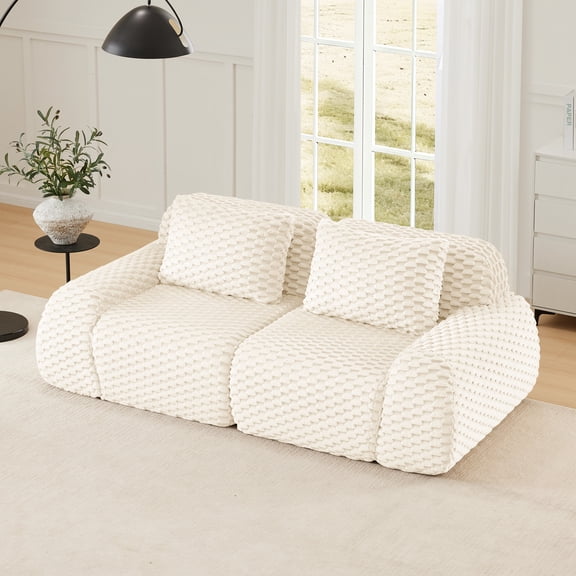 FFH 82" Flannelette Loveseat Sofa, Modular Boneless Sofa with Deep Seat, Cloud Couch for Living Room (Cream, 2 Seater)