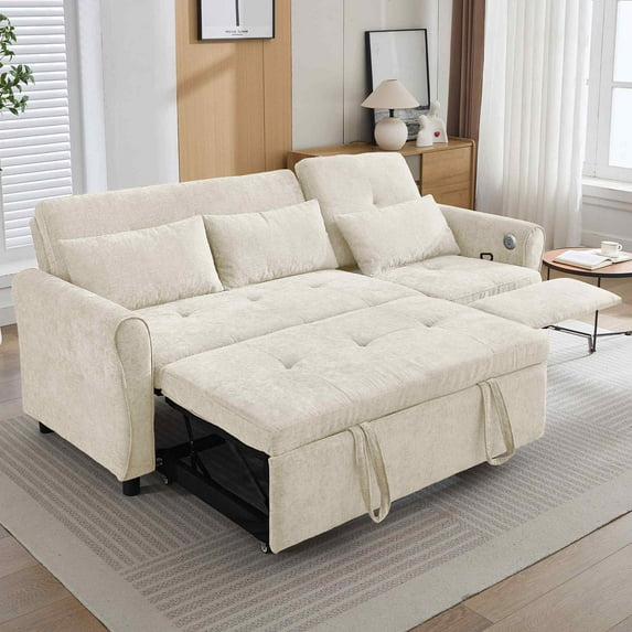 FFH 82" Sofa Bed, 3 in 1 Convertible Sleeper Sofa with USB Charging Ports, 3 Seater Chenille Sofa with Pull Out Bed and Reversible Recliner, Beige