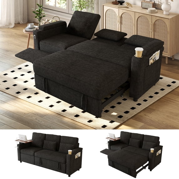 FFH 81" Reclining Sectionals for Living Room, Chenille Couch Sleeper Sofa with Pull Out Bed, USB and Storage, Black