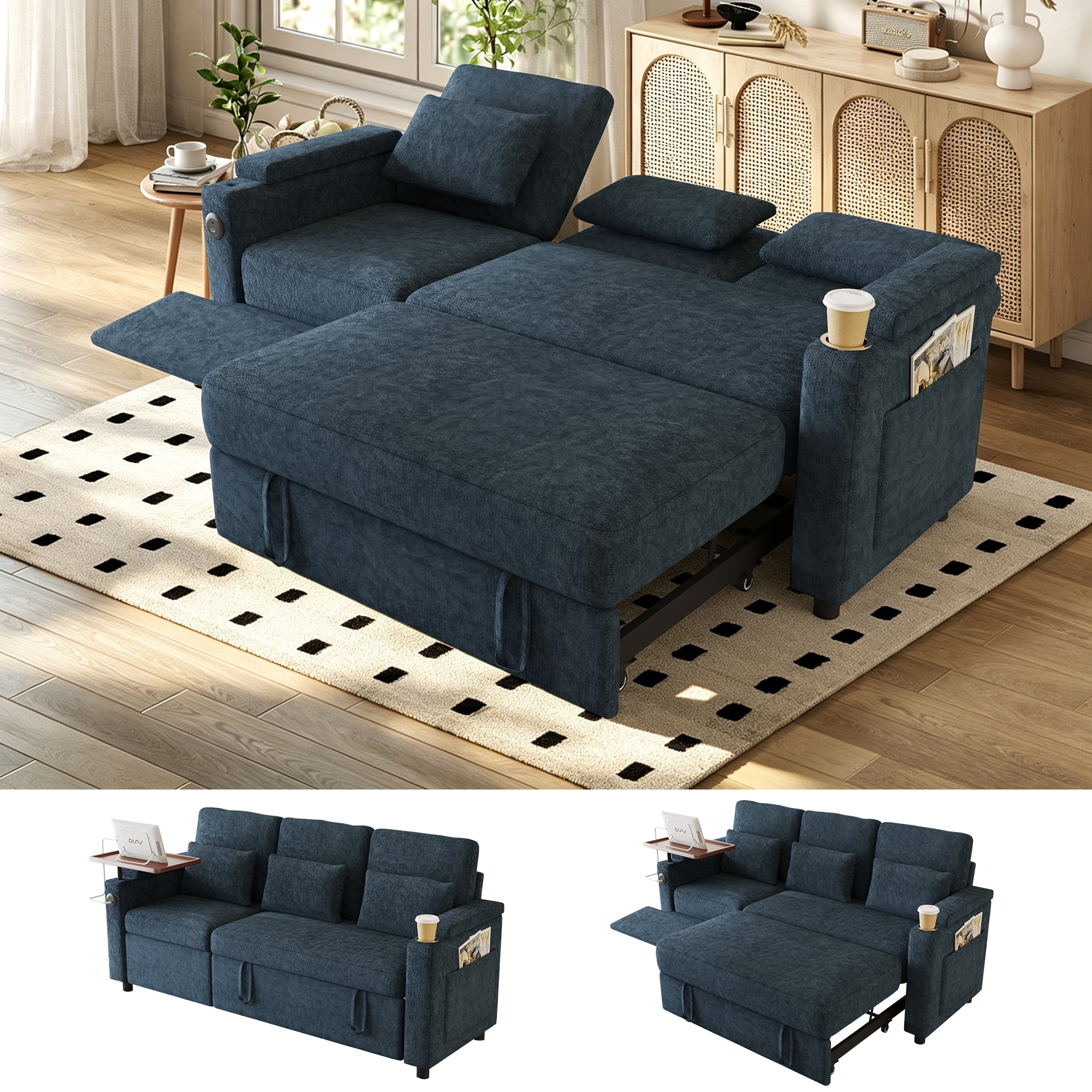 FFH 83" Sectional Sofa with Pull out Bed and Recliner, 3-in-1 ...