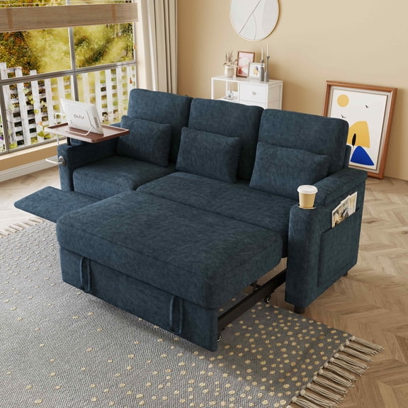 FFH 83" Convertible Sofa Bed 3 in 1 Sleeper Sofa for Living Room, Chenille 3 Seater Couch with Adjustable Backrest, Table Board, USB Ports, Cup Holders and Storage, Blue