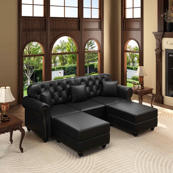 FFH 86.2" U-Shaped Chesterfield Sofa, 3 Seater Faux Leather Couch with Reversible Ottoman, Black