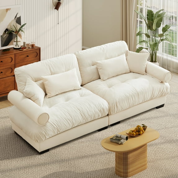 FFH 93.7" Loveseat Sofa, Oversized Cloud Sectional Couches for Living Room, Tufted 2 Seater Sofa with Deep Seat and Bolstered Armrests (Velvet Beige, 2 Seater)