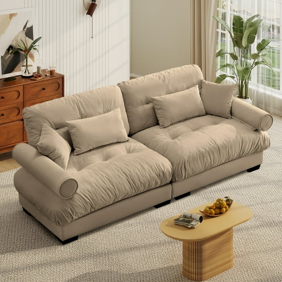 FFH 93.7" Loveseat Sofa, Oversized Cloud Sectional Couches for Living Room, Tufted 2 Seater Sofa with Deep Seat and Bolstered Armrests (Velvet Camel, 2 Seater)