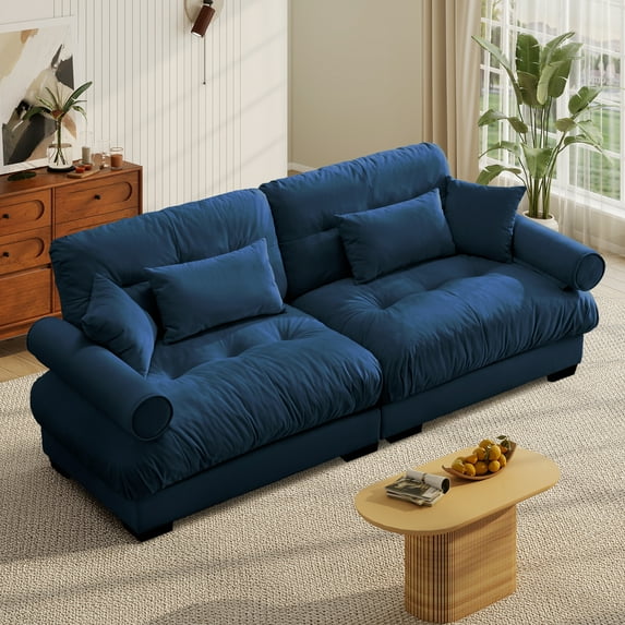FFH 93.7" Loveseat Sofa, Oversized Cloud Sectional Couches for Living Room, Tufted 2 Seater Sofa with Deep Seat and Bolstered Armrests (Velvet Dark Blue, 2 Seater)