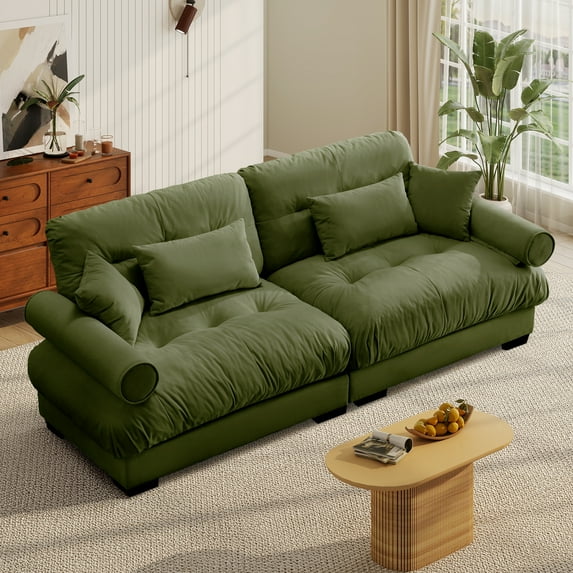 FFH 93.7" Loveseat Sofa, Oversized Cloud Sectional Couches for Living Room, Tufted 2 Seater Sofa with Deep Seat and Bolstered Armrests (Velvet Olive Green, 2 Seater)
