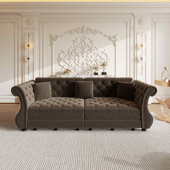 FFH 97.6" Chesterfield Couch with Pull Out Bed, Velvet Sleeper Sofa with Classic Roll Arm, Flower Tufting for Living Room, Brown