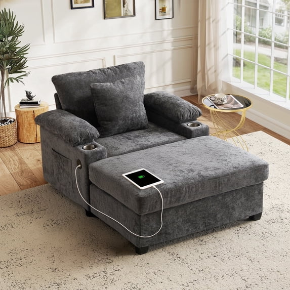 FFH Accent Chair, Modern Oversized Chair with Ottoman, Chenille Comfy Sofa Bed with Cup Holders, Charging Ports and Storage Space, Dark Gray