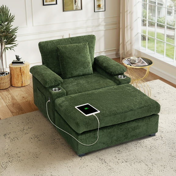 FFH Accent Chair, Modern Oversized Chair with Ottoman, Chenille Comfy Sofa Bed with Cup Holders, Charging Ports and Storage Space, Green
